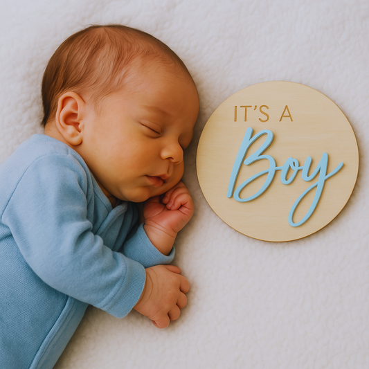 Hout bordje met de tekst It's a Boy kraamcadeau