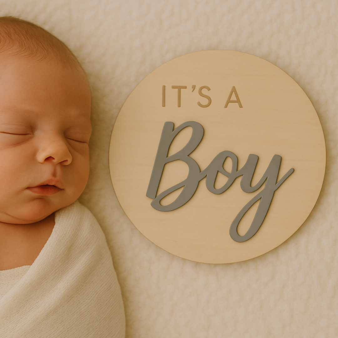 Hout bordje met de tekst It's a Boy kraamcadeau