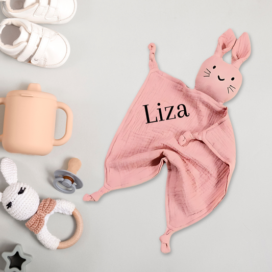 Roze knuffeldoek konijn gepersonaliseerd