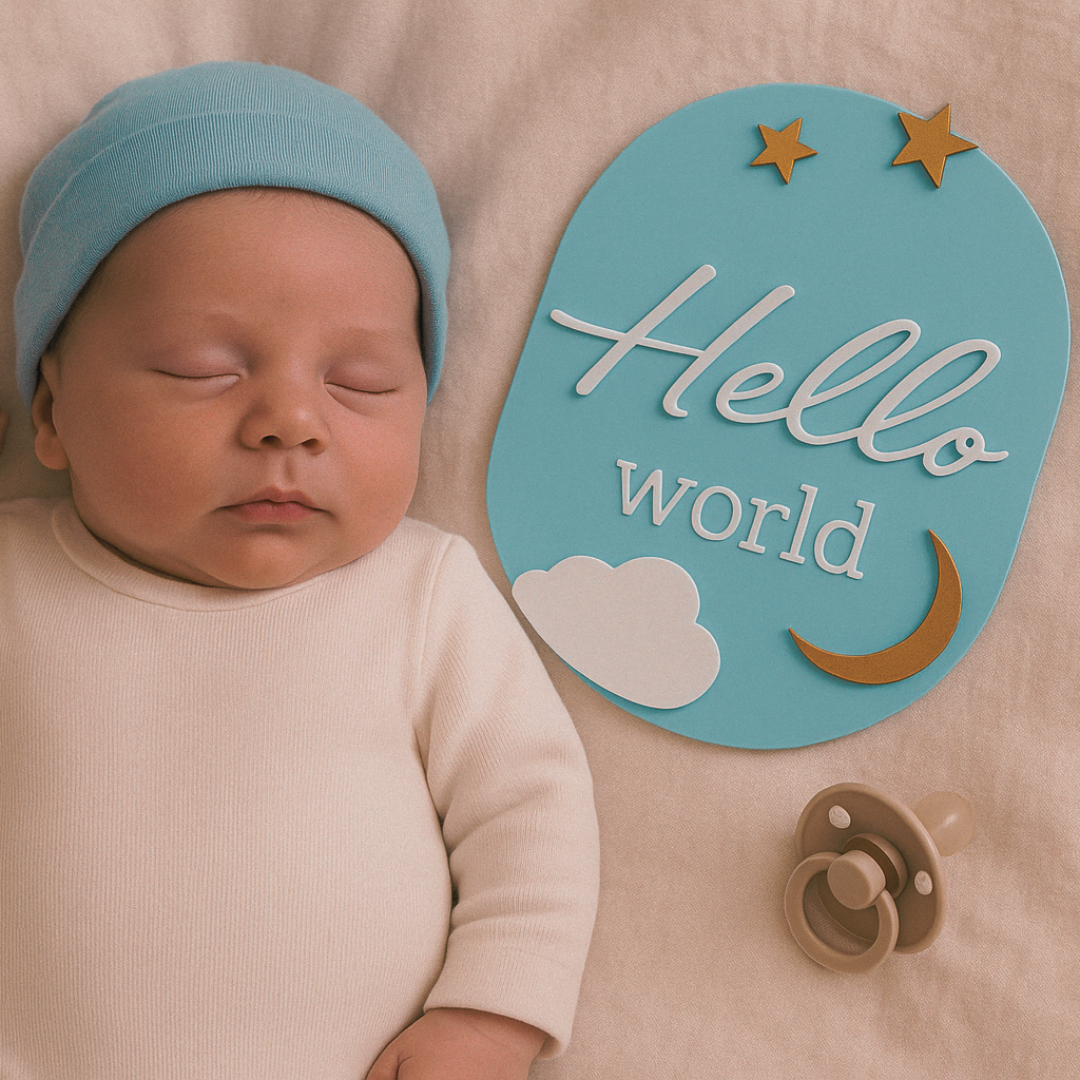 Baby jongen aankondigingsbordje hello world. Kraamcadeau