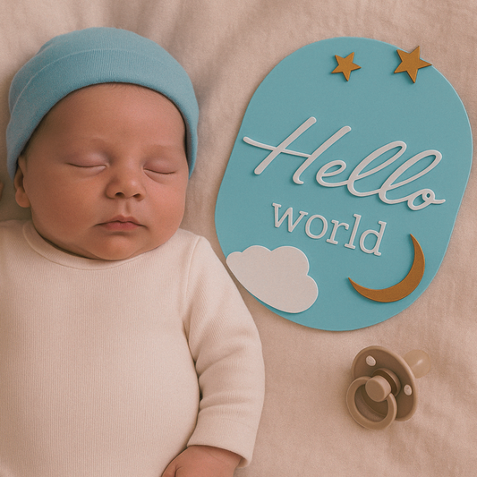Baby jongen aankondigingsbordje hello world. Kraamcadeau