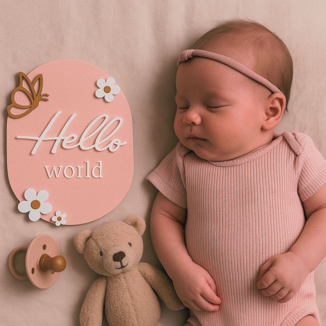 Baby roze aankondigingsbordje hello world. Kraamcadeau