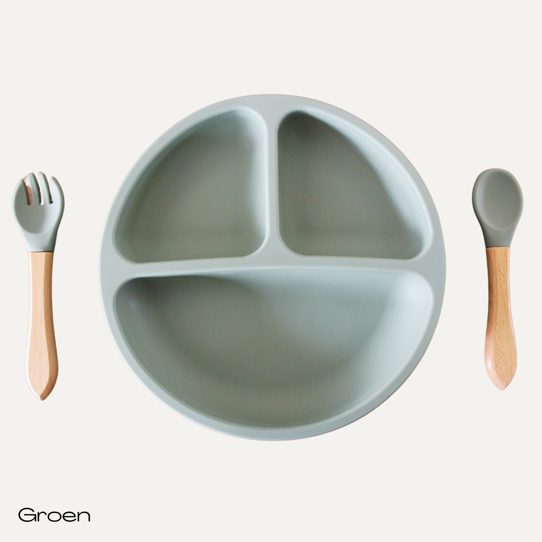 Siliconen bord met vork en lepel