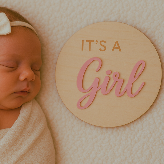 houten aankodiging voor baby meisje met girl opdruk