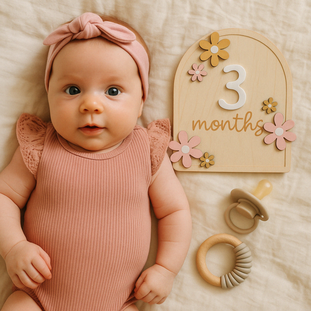 Baby met mijlpaalbordje kraamcadeau