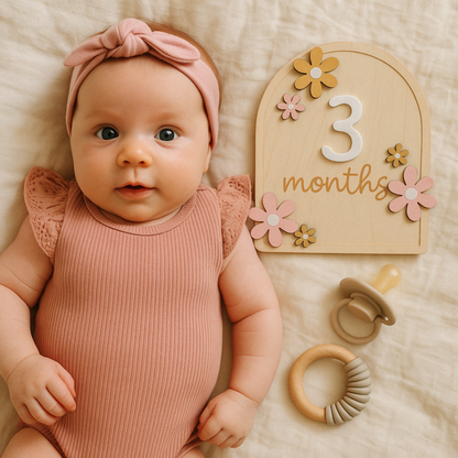 Baby met mijlpaalbordje kraamcadeau