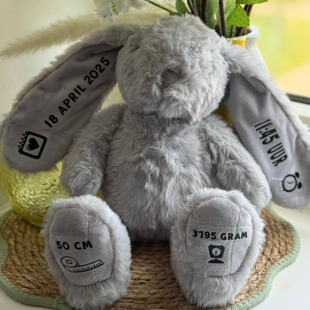 Grijze knuffelkonijn met lange oren gepersonaliseerd kraamcadeu