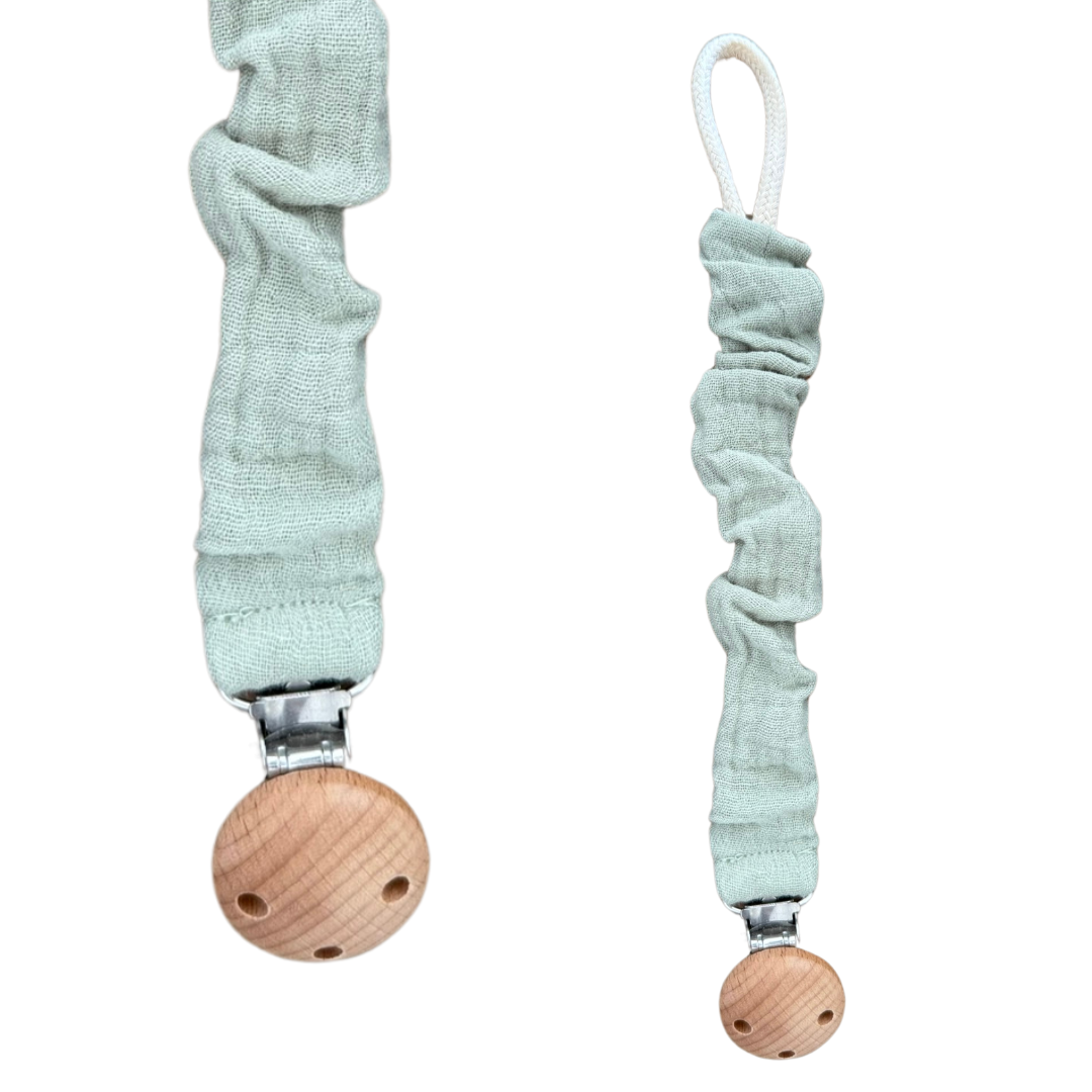 Stoffen speenkoorden met houten clip en gekreukeld effect 