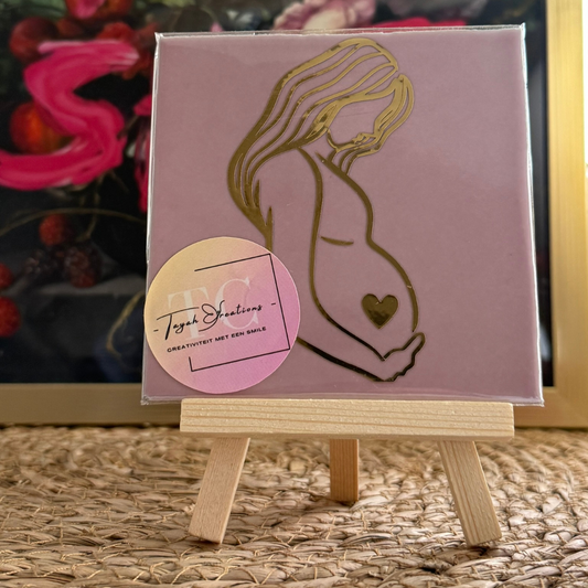 mozaiek tegeltje in het roze met gouden zwangere vrouw opdruk